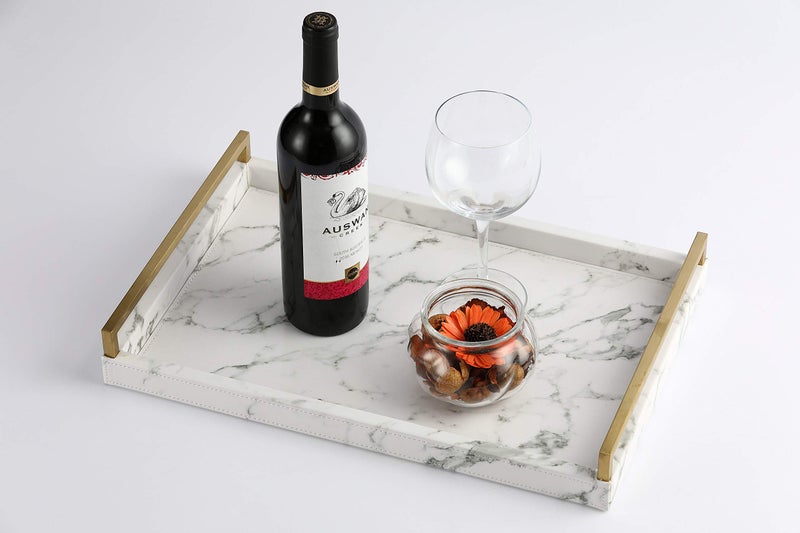 WV 17.8 * 11.8" White PU Leather Marble Finish Decorative Tray Serving Tray with Brushed Gold Handle for Coffee Table, Console Table, Ottoman - Image 3